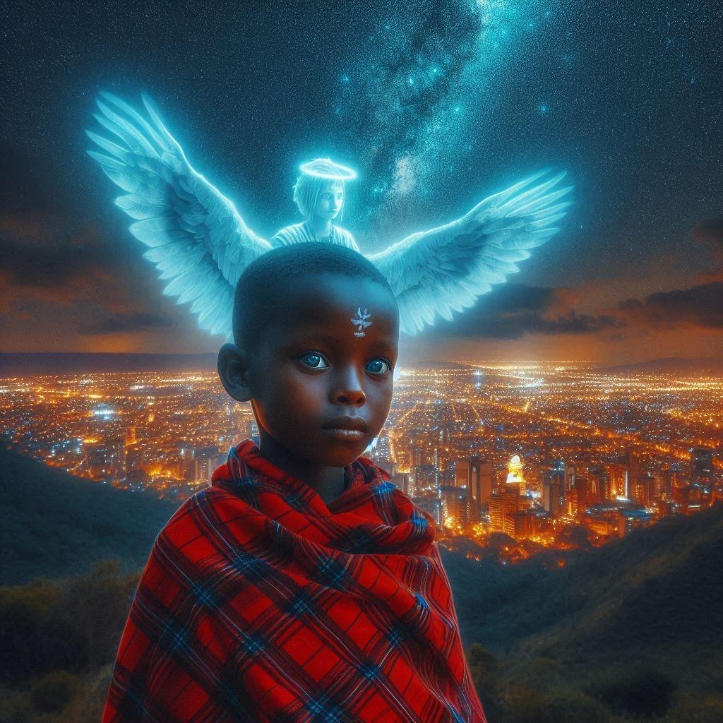 Young African child with glowing technological enhancements representing the spiritual and innovative aspects of AI learning