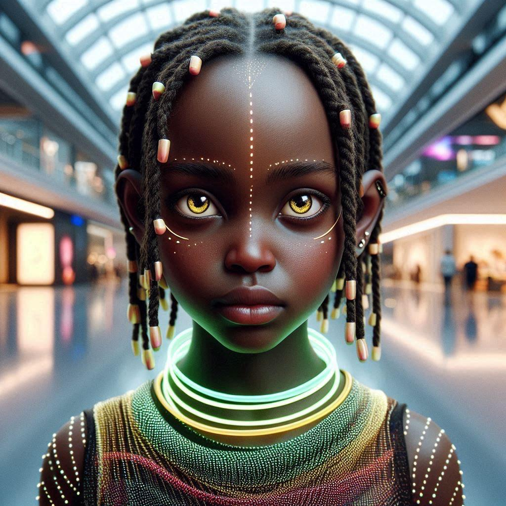 Young African girl with traditional braids and technological face patterns representing the fusion of heritage and future technology