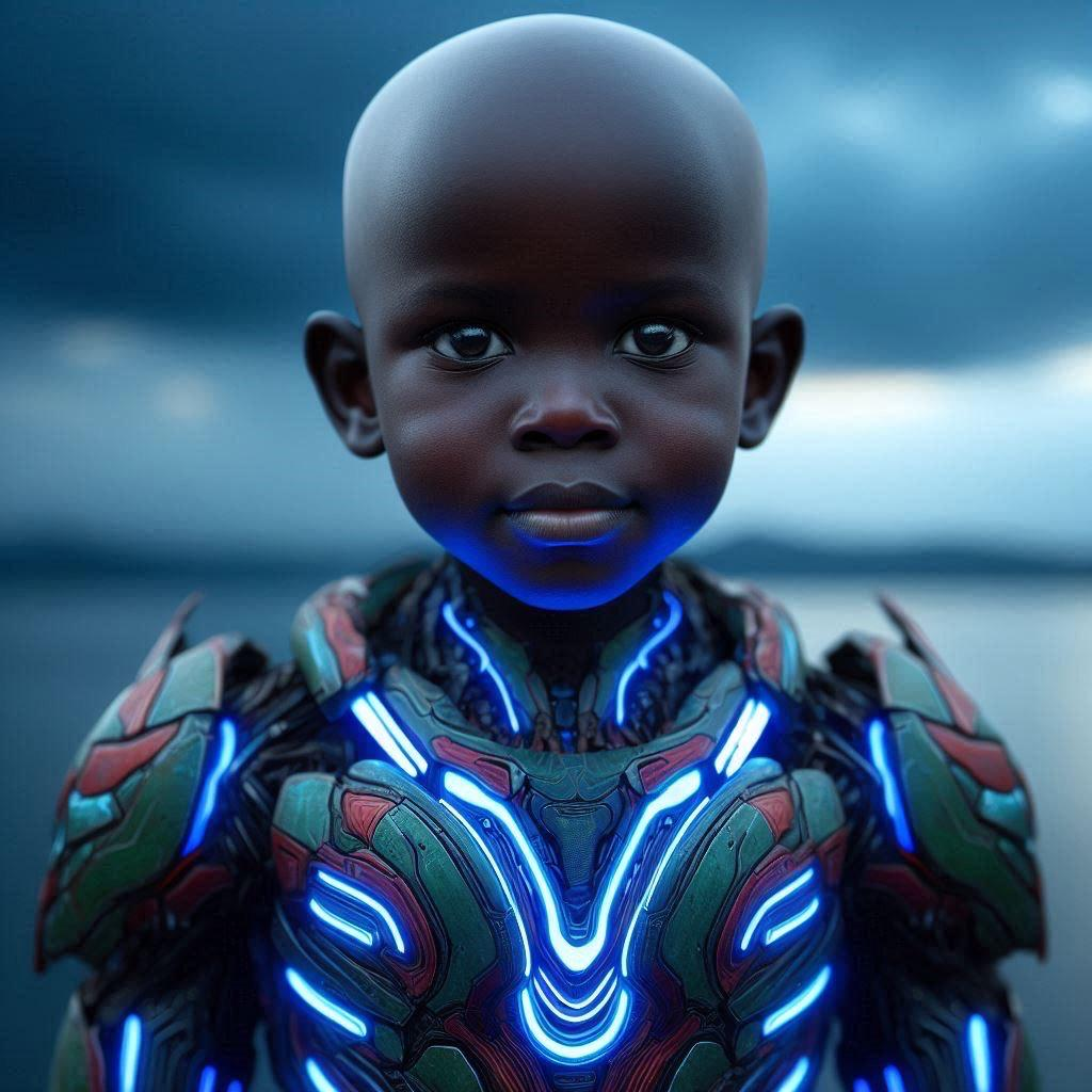 Young African child in futuristic technological armor representing strength and mastery in AI education