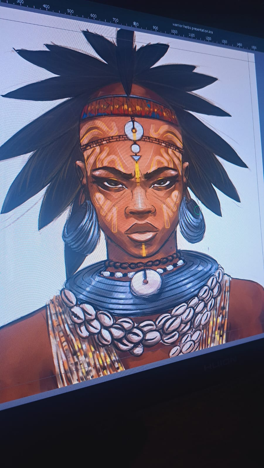 Student creating digital artwork of an African warrior with traditional attire and cultural symbols, demonstrating the fusion of ancestral wisdom and modern technology